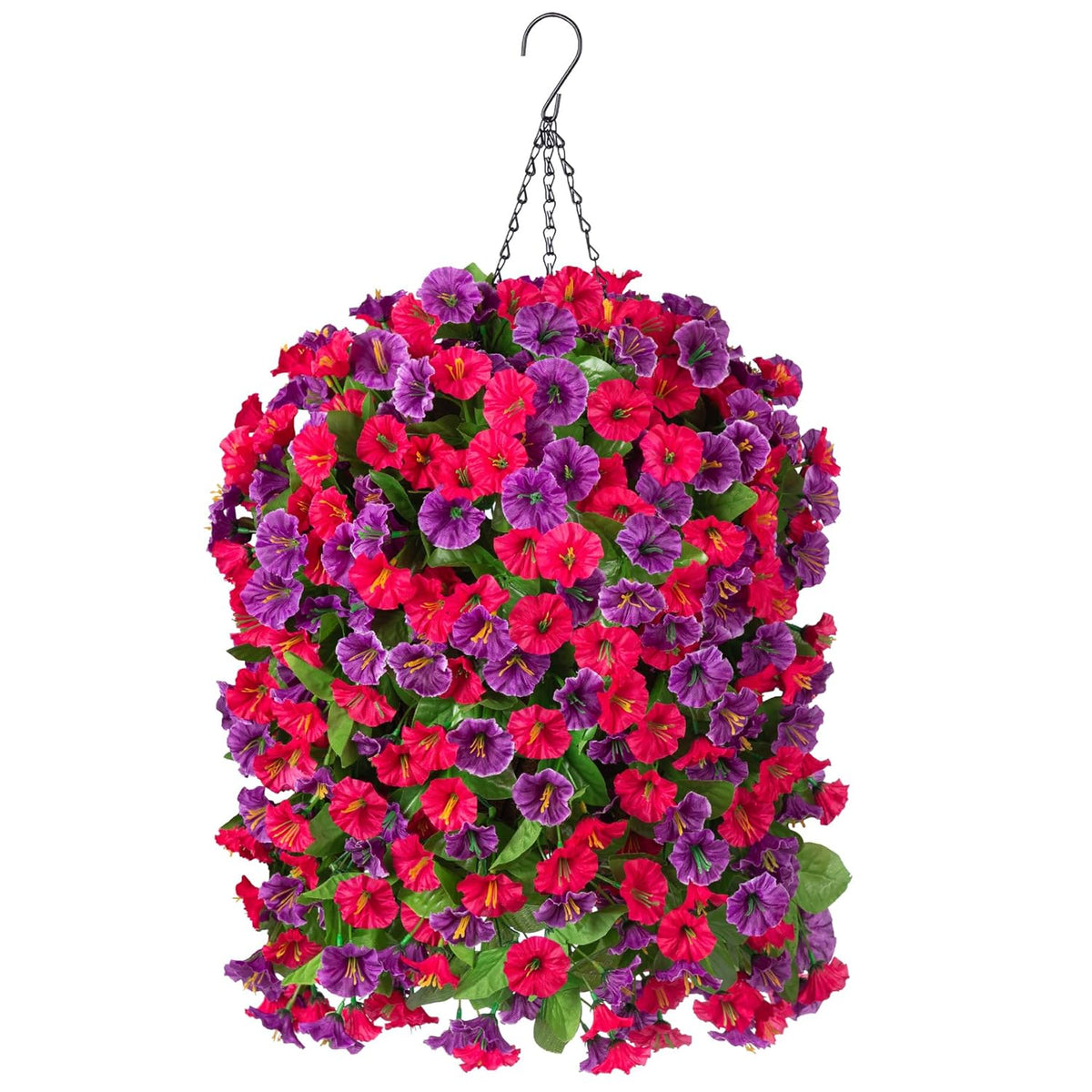 Artificial Flowers With Hanging Basket, Outdoor Faux Plants Silk Morning Glory Vines, Fake Green Arrangement For Garden Patio Spring Summer Decor(Hot Pink Purple)
