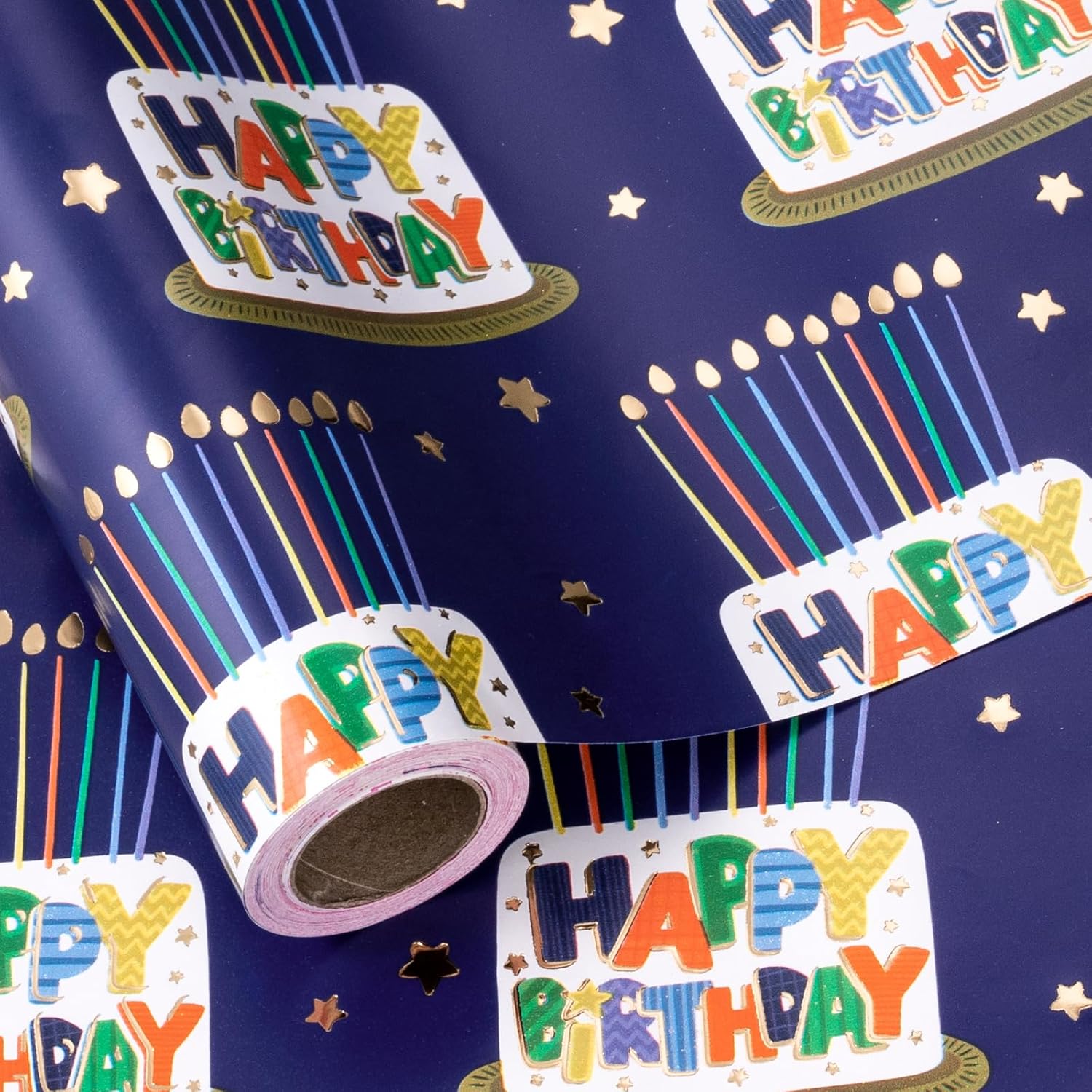 Blue Birthday Wrapping Paper Roll For Boys Men, Happy Birthday Lettering & Cake, Candle With Metallic Foil For Baby Shower Wrap, Mini Roll, 17 Inches X 16.4 Feet