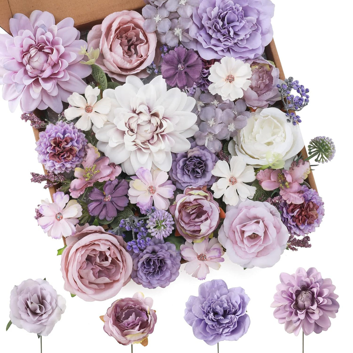 Artificial Flowers Combo Purple Flowers Mix Silk Flowers Dahlia Roses With Stems For Diy Wedding Bridal Bouquets, Baby Shower, Floral Arrangement, Table Centerpieces, Home Decorations.
