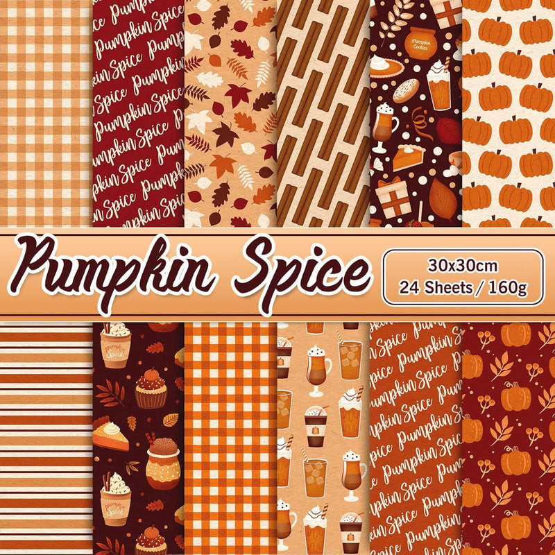 24Pcs Fall Pattern Paper 30X30Cm Maple Leaves Pumpkin Drinks Plaid Dou