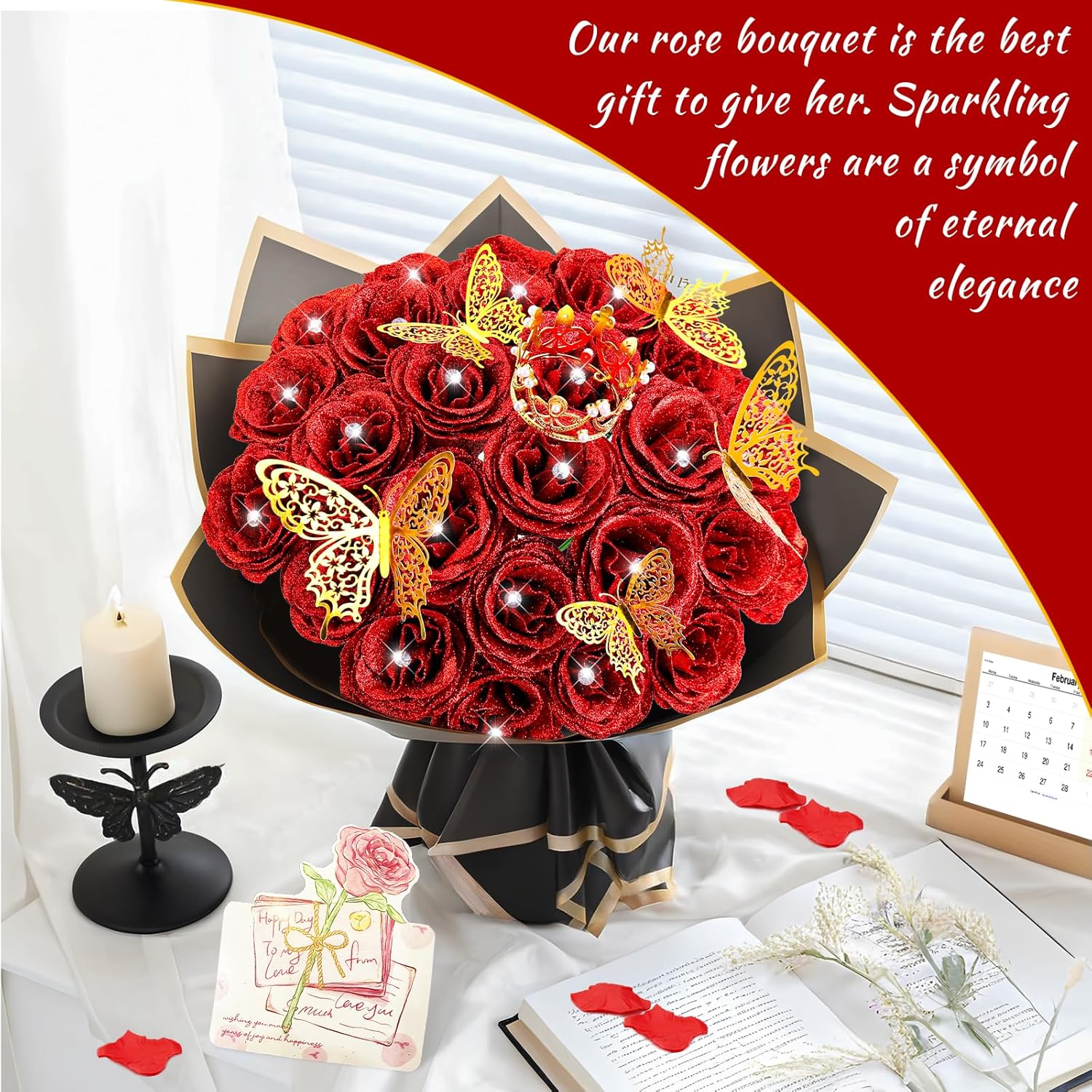 28 Red Glitter Roses Bouquet - Artificial Flowers Bouquet With Diomand Pins,Red Roses Diy Fake Flower Bouquet Kit - Sparkling Flower Arrangement For Valentine’S Day,Anniversary,Weddings Engagement