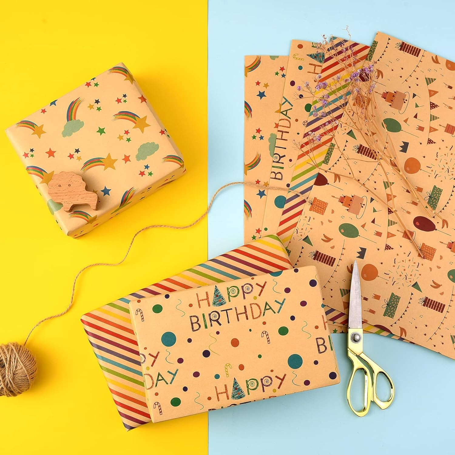 Birthday Wrapping Paper For Kids Girls Women Boys Men,12 Sheets Kraft Brown Recycled Gift Wrapping Paper 4 Styles Of ''Happy Birthday'' Balloon Rainbow Stars Precut 20" X 29" Folded