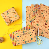 Birthday Wrapping Paper For Kids Girls Women Boys Men,12 Sheets Kraft Brown Recycled Gift Wrapping Paper 4 Styles Of ''Happy Birthday'' Balloon Rainbow Stars Precut 20" X 29" Folded