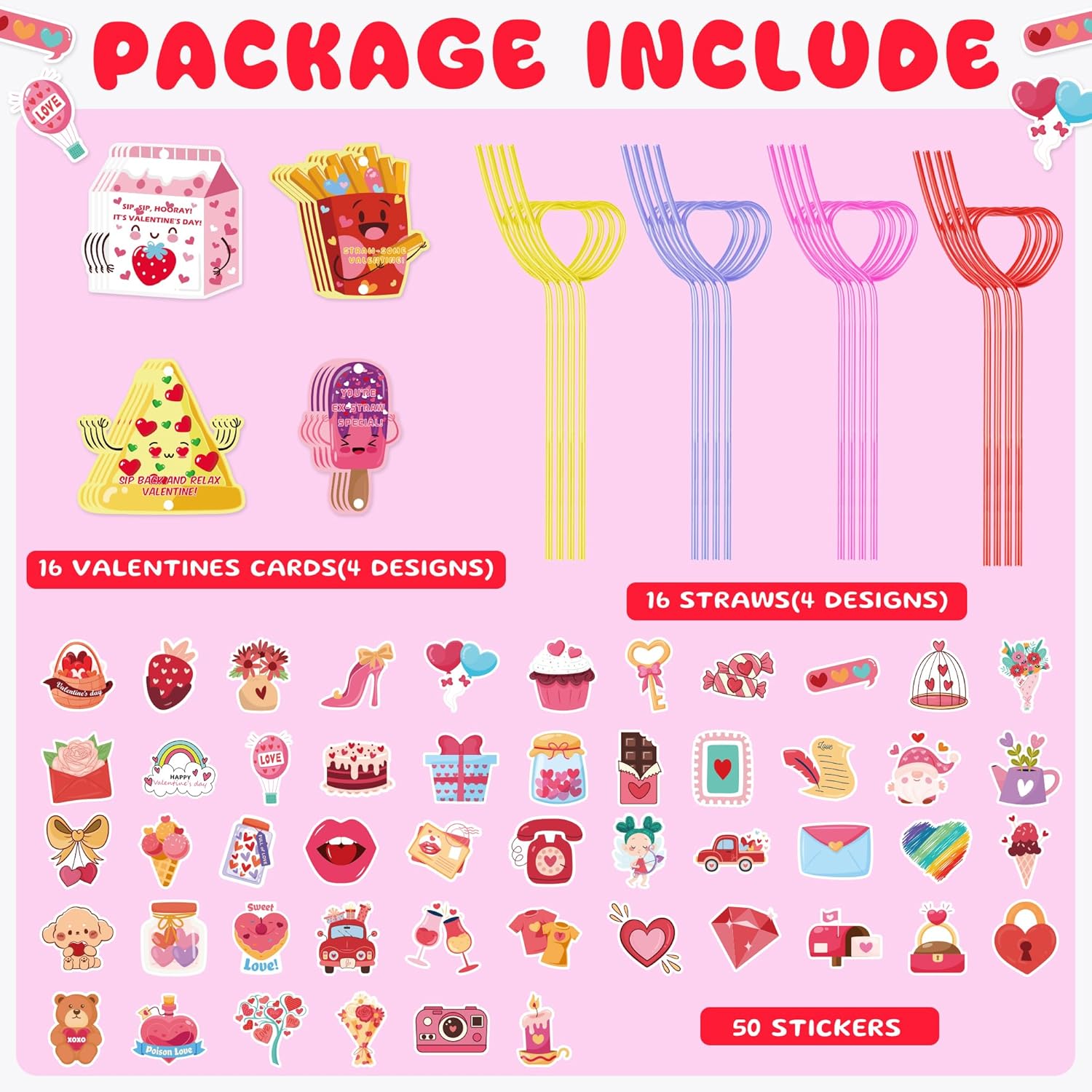 Valentines Stickers With Crazy Straws - Valentines Day Cards For Kids School | Valentines Crafts Party Favors Decorations For Boys Girls Toddlers