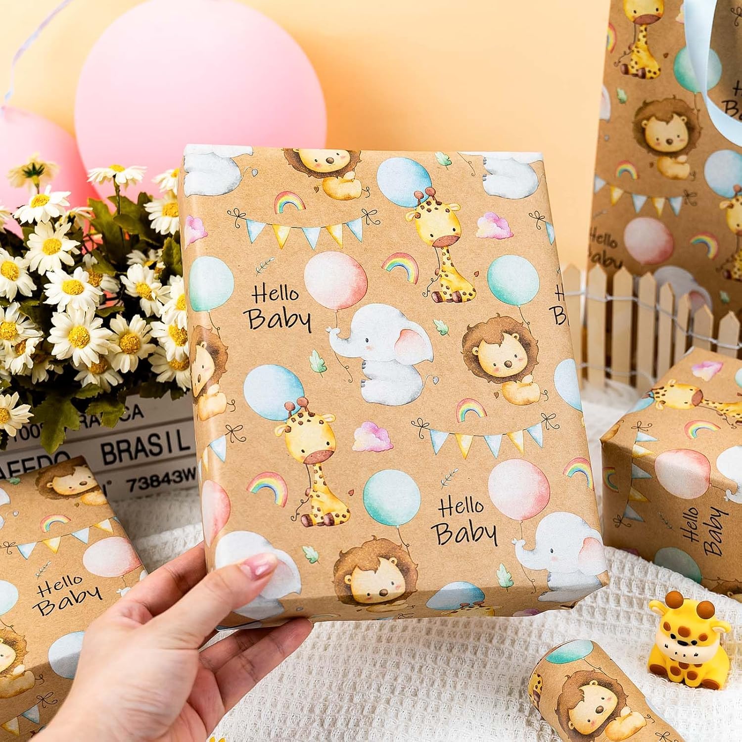 Baby Shower Kraft Wrapping Paper, 17 Inch X 32.8 Feet Cute Lion Elephant Themed Colorful Balloon Rainbow Gift Wrap With Grid Cutting Lines For Boy Girl Kid Birthday