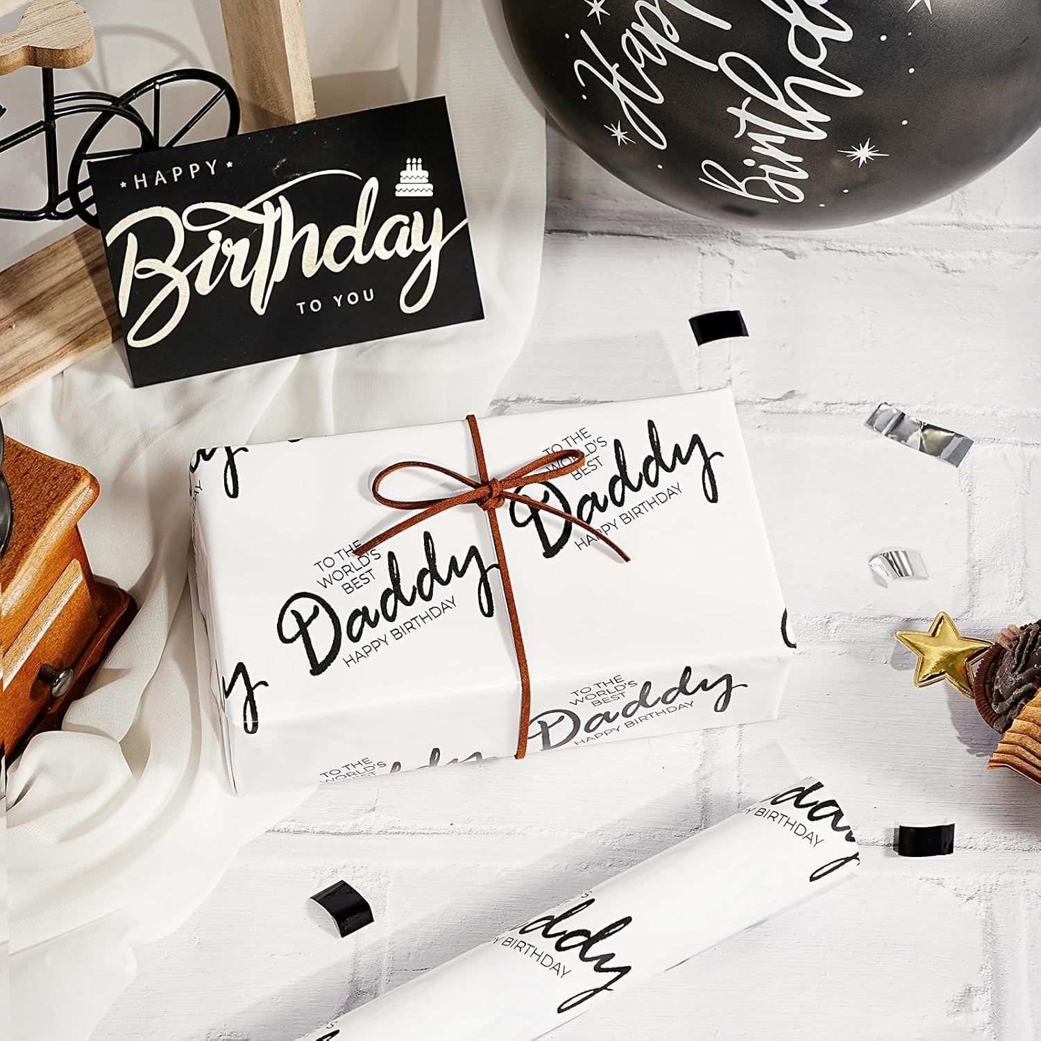 Birthday Wrapping Paper For Dad - Mini Roll - 17 Inch X 16.5 Feet - To The Worlds Best Daddy Happy Birthday Design Perfect For Bday, Party, Holiday