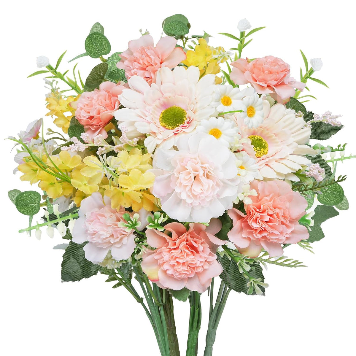16.6’’ Silk Artificial Spring Bouquet Flowers - White & Pink Dahlia, Daisy Fake Wildflowers And Yellow Lilac, Faux Floral Arrangements For Wedding Centerpieces, Home Decor, Table Vase Cemetery