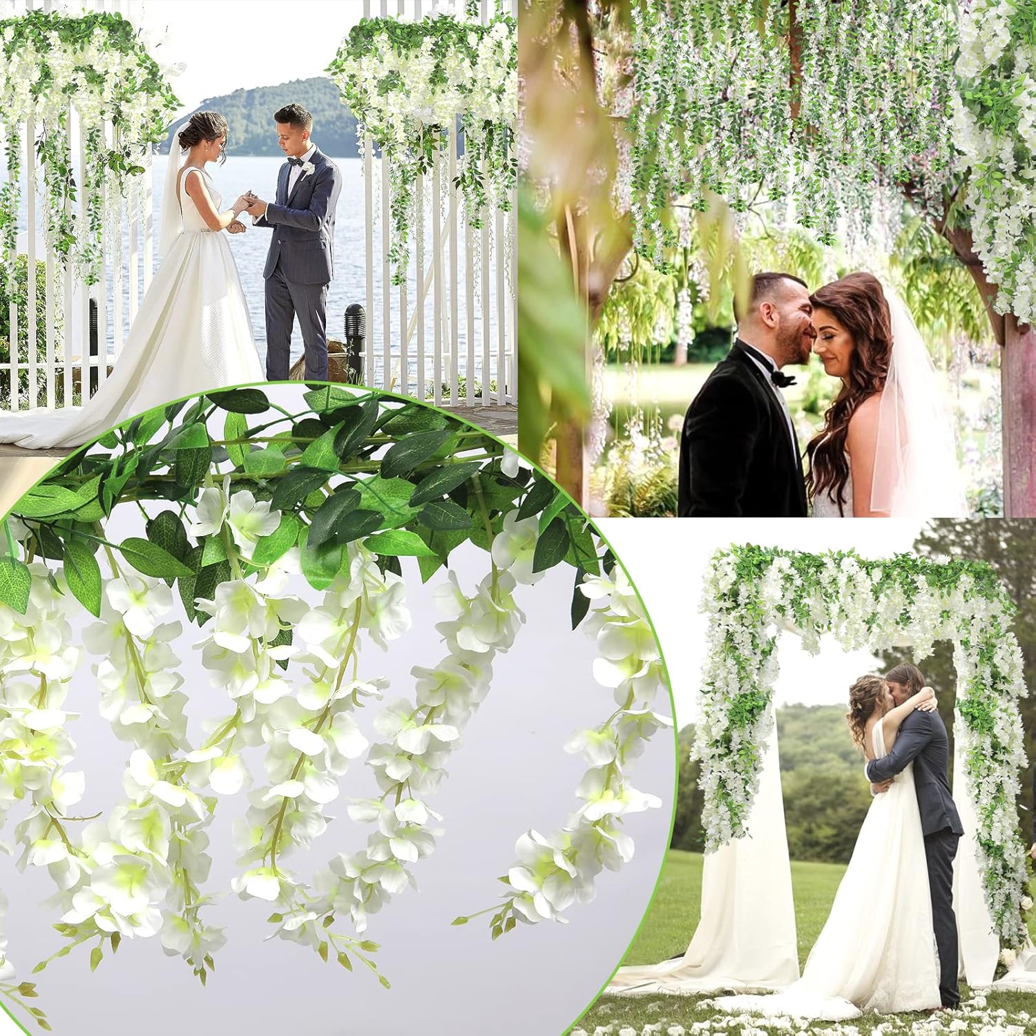 Wisteria Artificial Flowers Garland, 5Pcs Total 36Ft White Wisteria Hanging Flowers, Flower Garland Decorations For Home Garden Outdoor Ceremony Wedding Arch Decoration