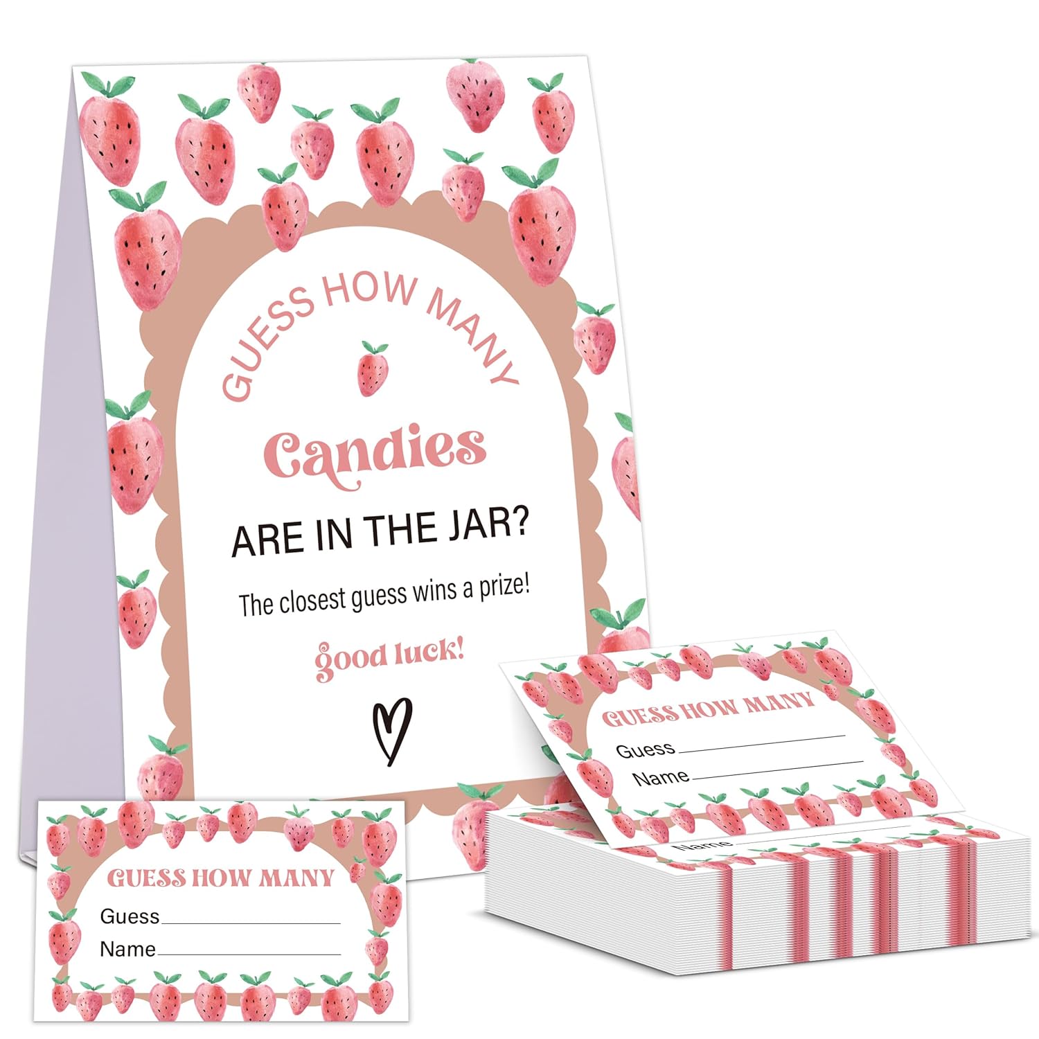 Strawberry Baby Shower Game, Guess How Many Candies Are In The Jar, Pack Of 1 Sign And 50 Guessing Cards, Baby Shower Decoration, Gender Neutral - 11