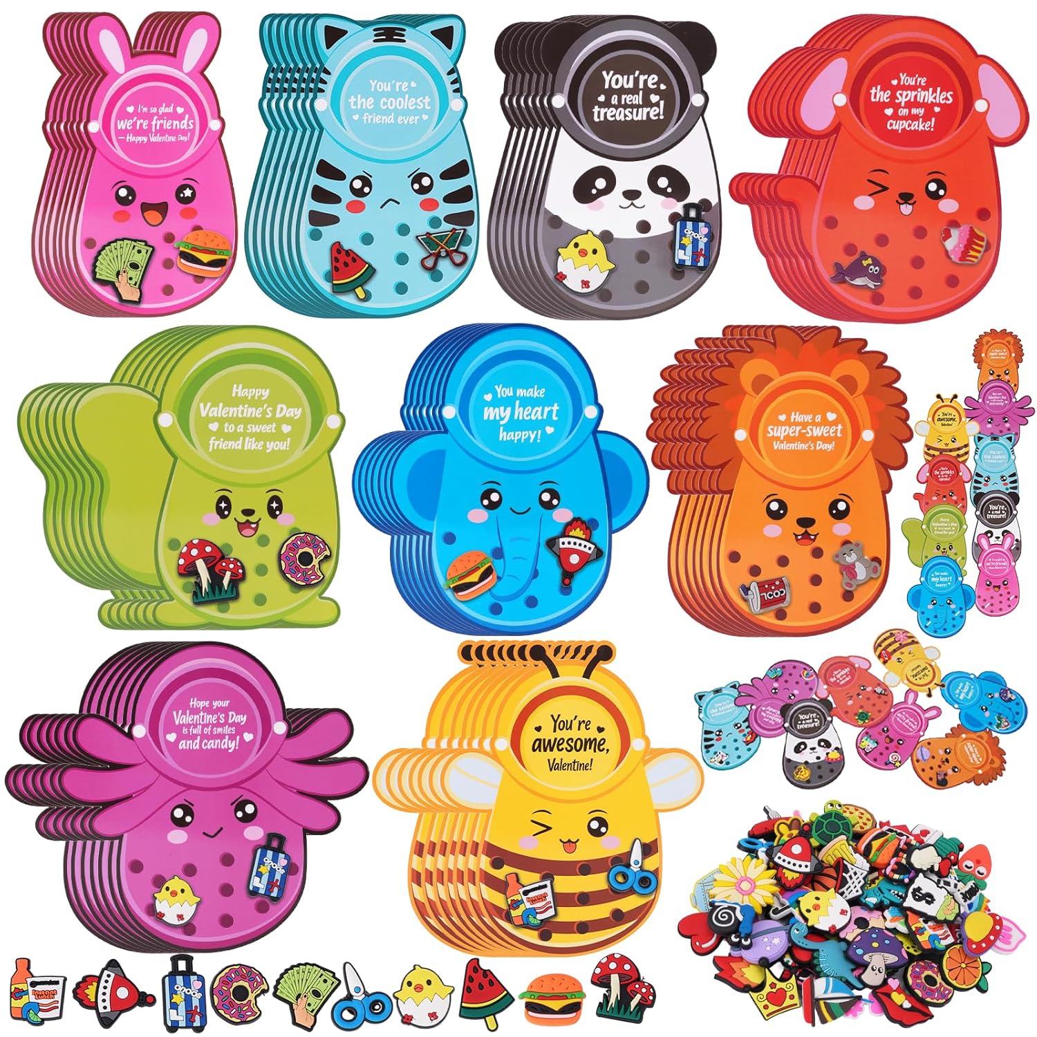 150Pcs Valentines Day Cards Sets For Kids School Classroom, 50 Pcs Cute Animal Valentine'S Cards With 100 Pcs Shoe Charms Bulk Gifts For Kids Boys Girls, Kid’S Happy Valentines Day Exchange Cards