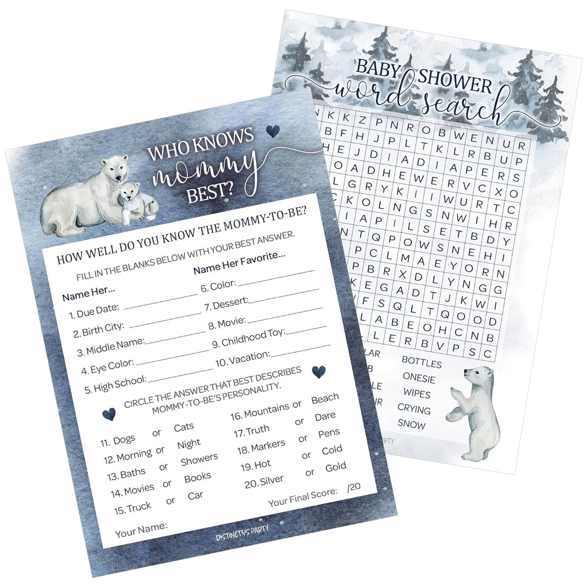 Polar Bear Winter Baby Shower Party Games - Who Knows Mommy Best And Word Search (2 Game Bundle) - 20 Cards, Baby It'S Cold Outside