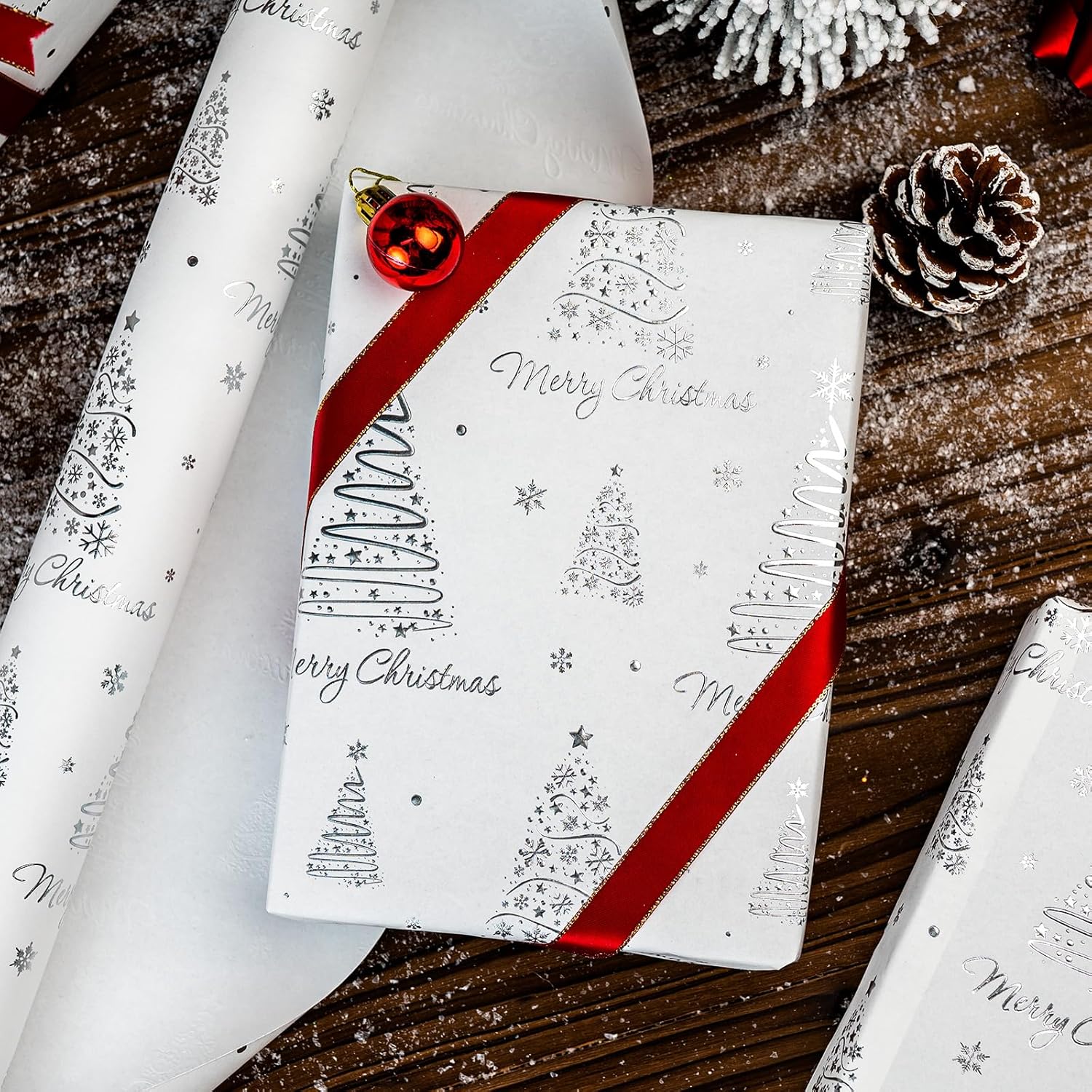 White Christmas Wrapping Paper Roll - 3D Embossed Trees And Letters With Silver Foil Metallic Shine Gift Wrap For Christmas, New Year Celebration, Holiday - Mini Roll - 17 Inch X 33 Feet