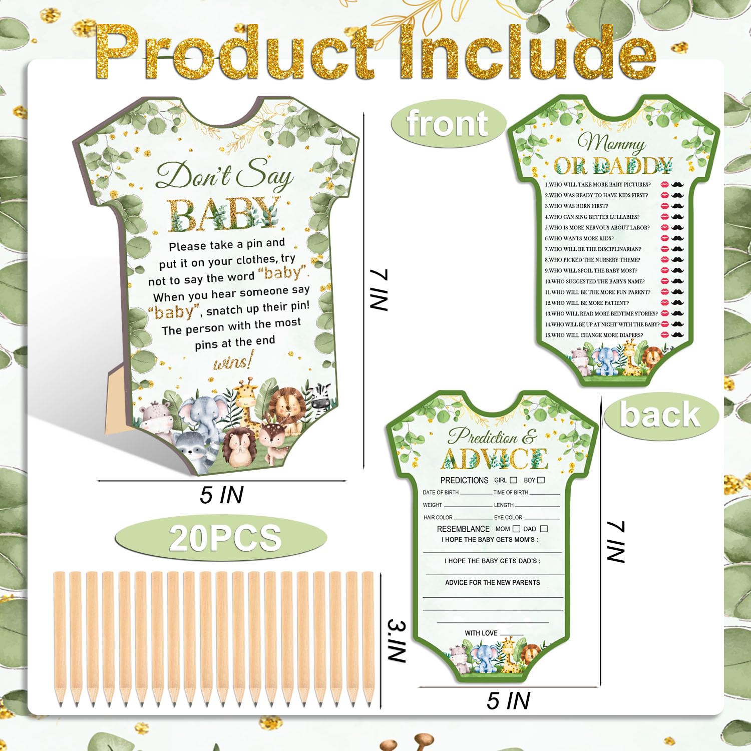 61Pcs Baby Shower Game Set, Gender Reveal Supplies For 20 Guests, Included 20 Pencils 1 Don'T Say Baby Sign 20 Clothespin, Woodland Animals Baby Shower Party Decorations
