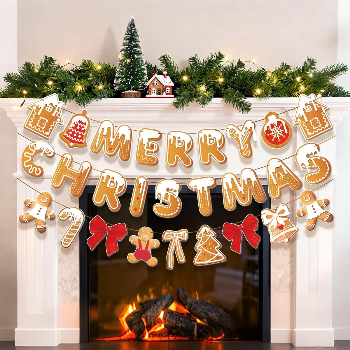 Merry Christmas Banner Gingerbread Christmas Hanging Decoration 3Pcs Gingerbread Theme Garland Banner For Holiday Home Office Fireplace Wall Decor Outdoor Indoor Xmas Party Banner