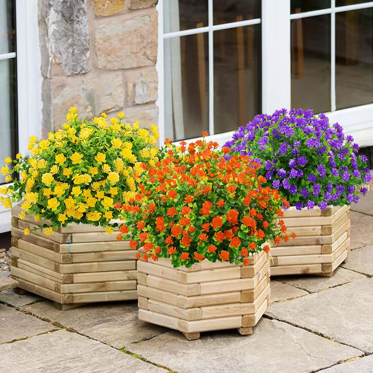 Artificial Flowers Outdoor Fake Flowers For Decoration Uv Resistant No Fade Faux Plastic Plants Garden Porch Window Box Décor (6 Bundles, 2#Yellow)