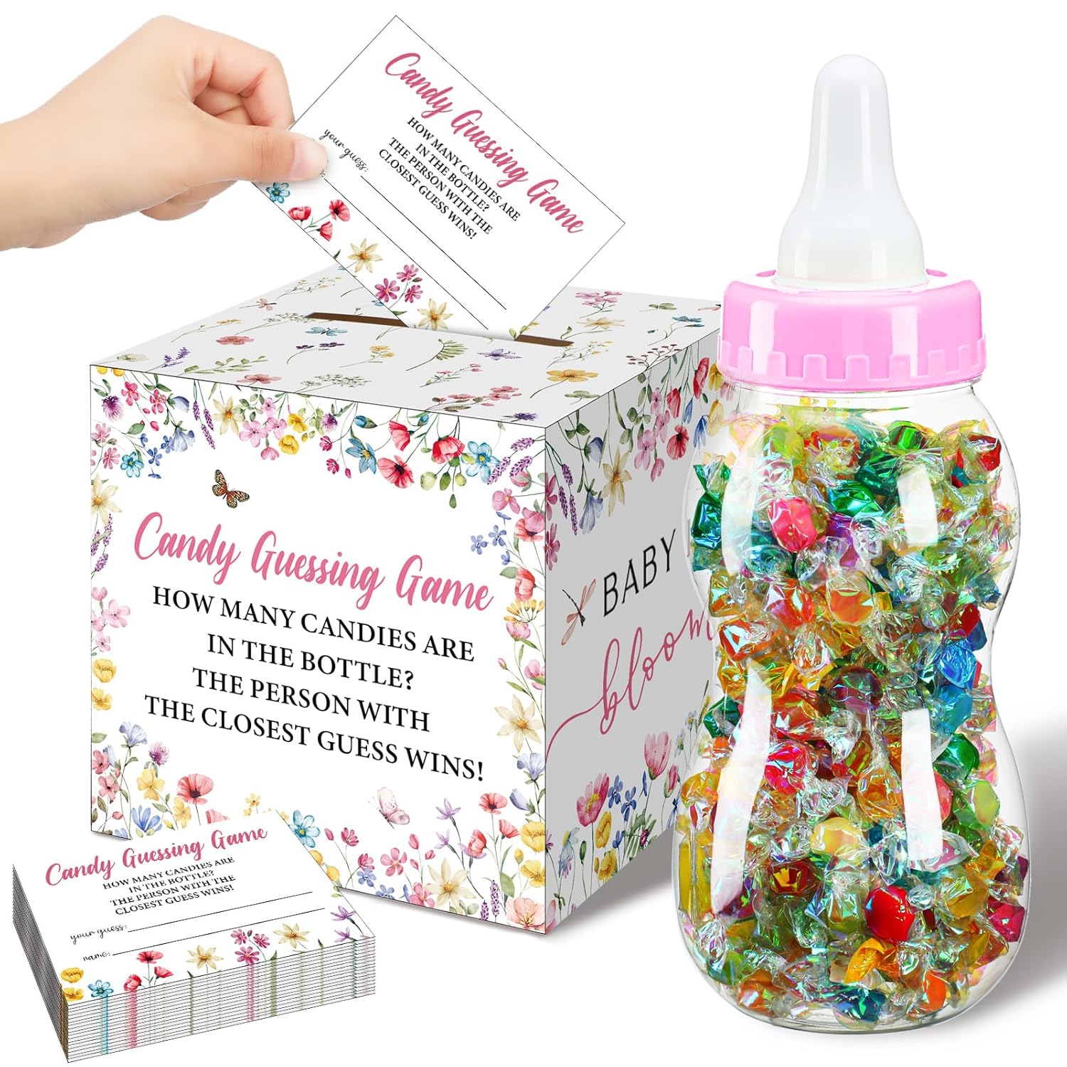 52 Pcs Baby Shower Games Gift Sets Large Baby Bottle For Shower Game Guess How Many Candies Decorations For Gender Reveal(Baby In Bloom)