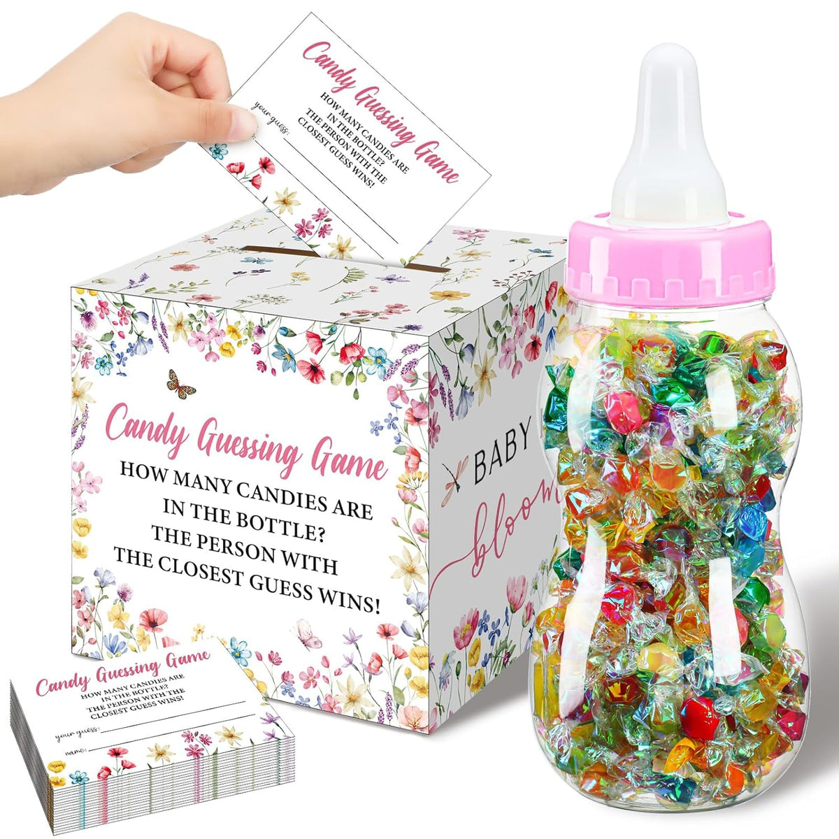 52 Pcs Baby Shower Games Gift Sets Large Baby Bottle For Shower Game Guess How Many Candies Decorations For Gender Reveal(Baby In Bloom)