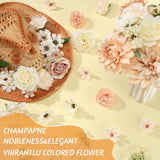 100 Pcs Assorted Fake Flower Heads With Long Stem Mini Artificial Flower Bulk Mix Silk Faux Daisy For Crafts Fake Peony Rose For Diy Wedding Party Wreath Home Decoration(Champagne)