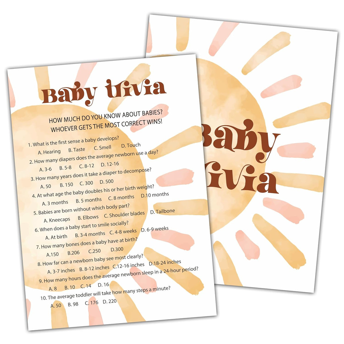 Baby Shower Games For Boy, Boho Sun Baby Trivia Baby Shower Game, Sunshine Here Comes The Son Gender Reveal Games, Set Of 25 Cards(Bohosun002)