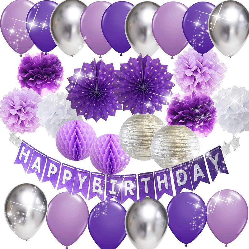 Purple Silver Birthday Party Decorations For Women Happy Birthday Bann