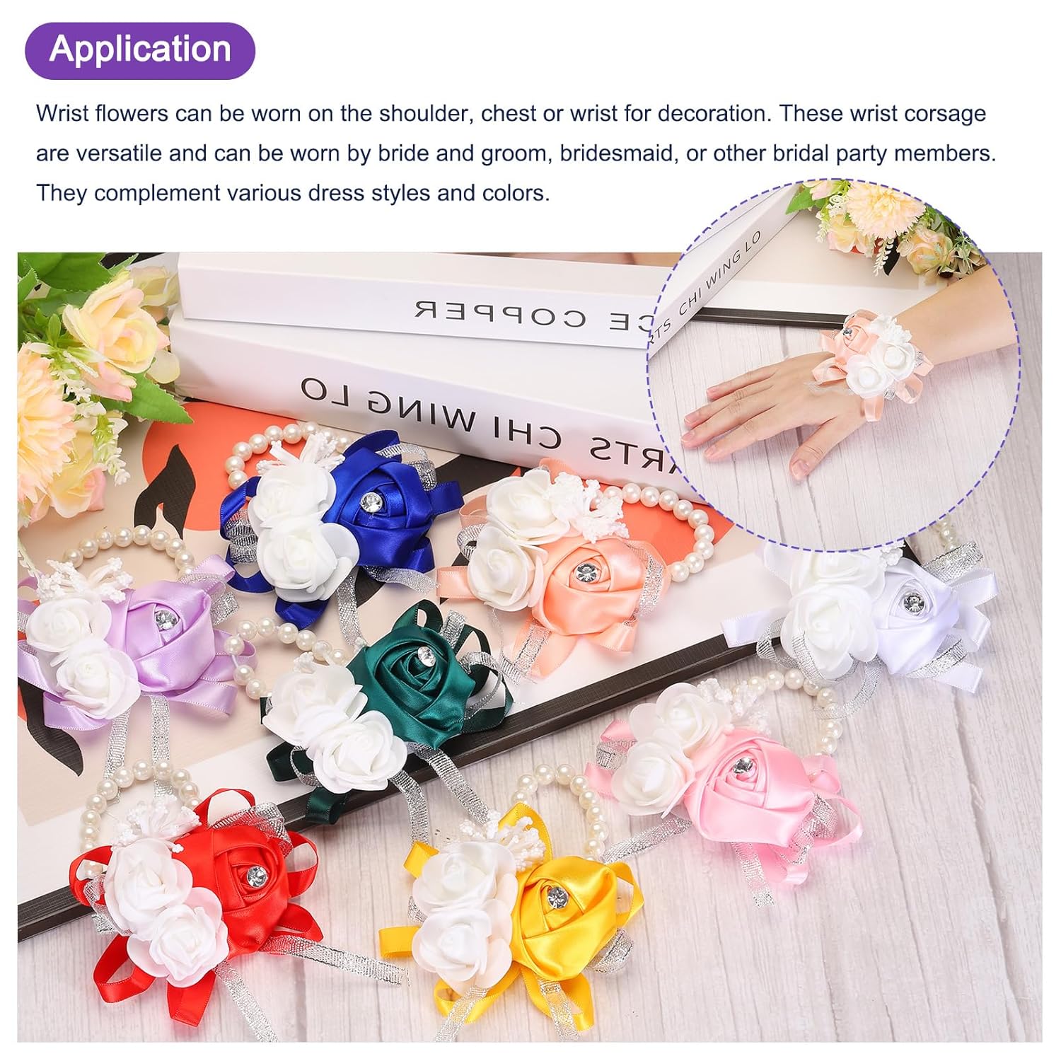 6Pcs Wrist Corsage Artificial Flower Bracelets Rose Wrist Bride Groom Decorative For Wedding Ceremony Prom Party Anniversary Sky Blue