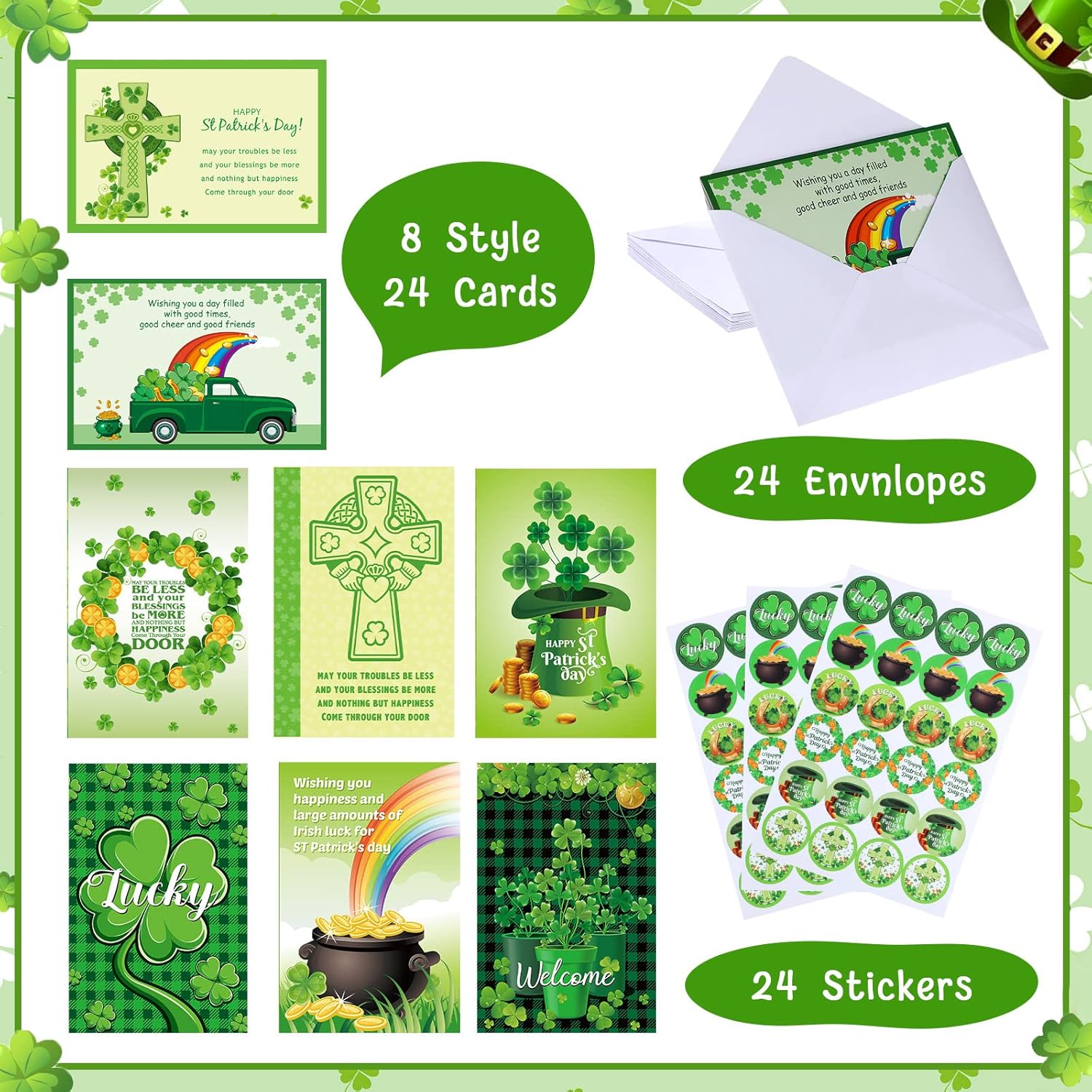 24 Sets Irish Blessing Gift St Patrick'S Day Assorted Cross Religious Greeting Card Shamrock Wishes Cards For Jesus Spring Party Supplies