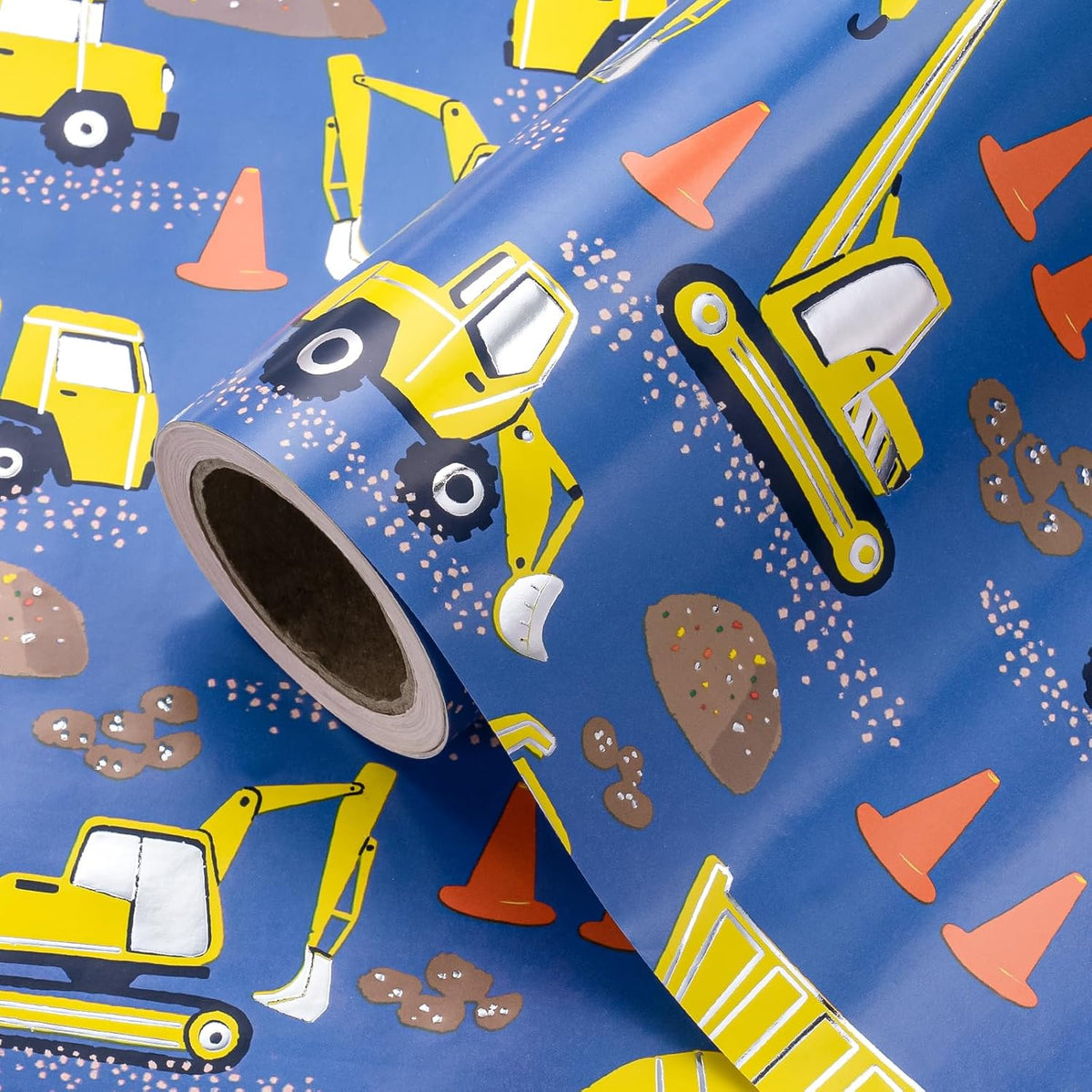 Construction Wrapping Paper Roll - Mini Roll - 17 Inch X 16.5 Feet - Silver Foil Digger Tractor Truck Design Perfect For Kids Boys Birthday, Baby Shower