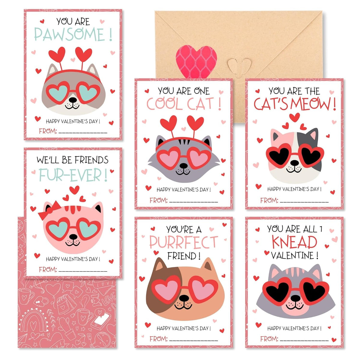 Cat Valentines Cards Kids Classroom - 48 Pack Funny Valentines Day Class Exchange Greeting Cards With Envelopes & Heart Stickers, 4.7 * 3.6 Inch