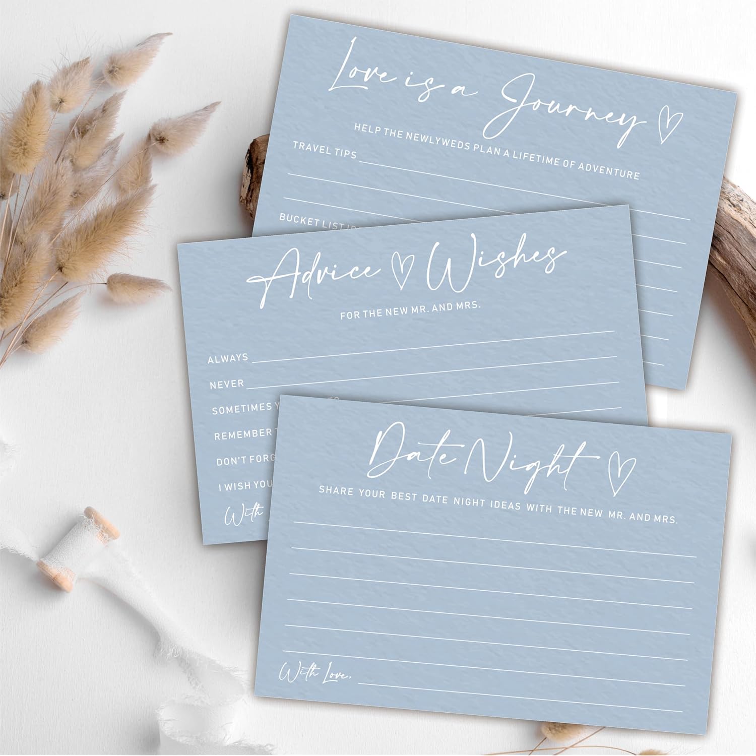 Advice & Wishes Card Kit - 1 Standing Sign & 3 Type Of Advice Cards (15Pcs Each) For Newlyweds, Engagement, Bride & Groom, Date Night Cards, Love Is A Journey, Wedding Party Supplies (Blue) - C02