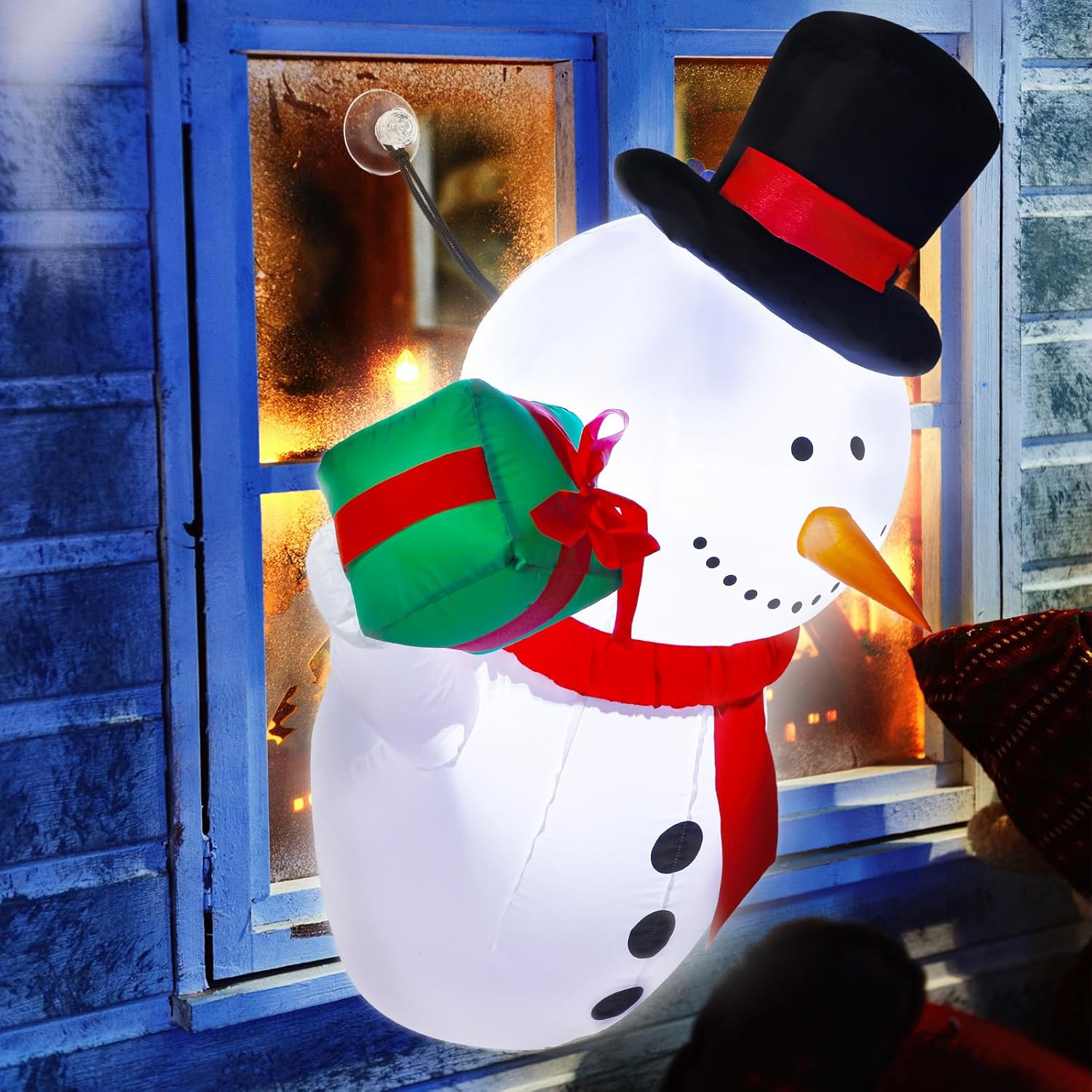 3.5Ft Christmas Inflatable Snowman With Gift Box Snowman Window Inflatable Blow Up Decoration With Build In Led And Fan