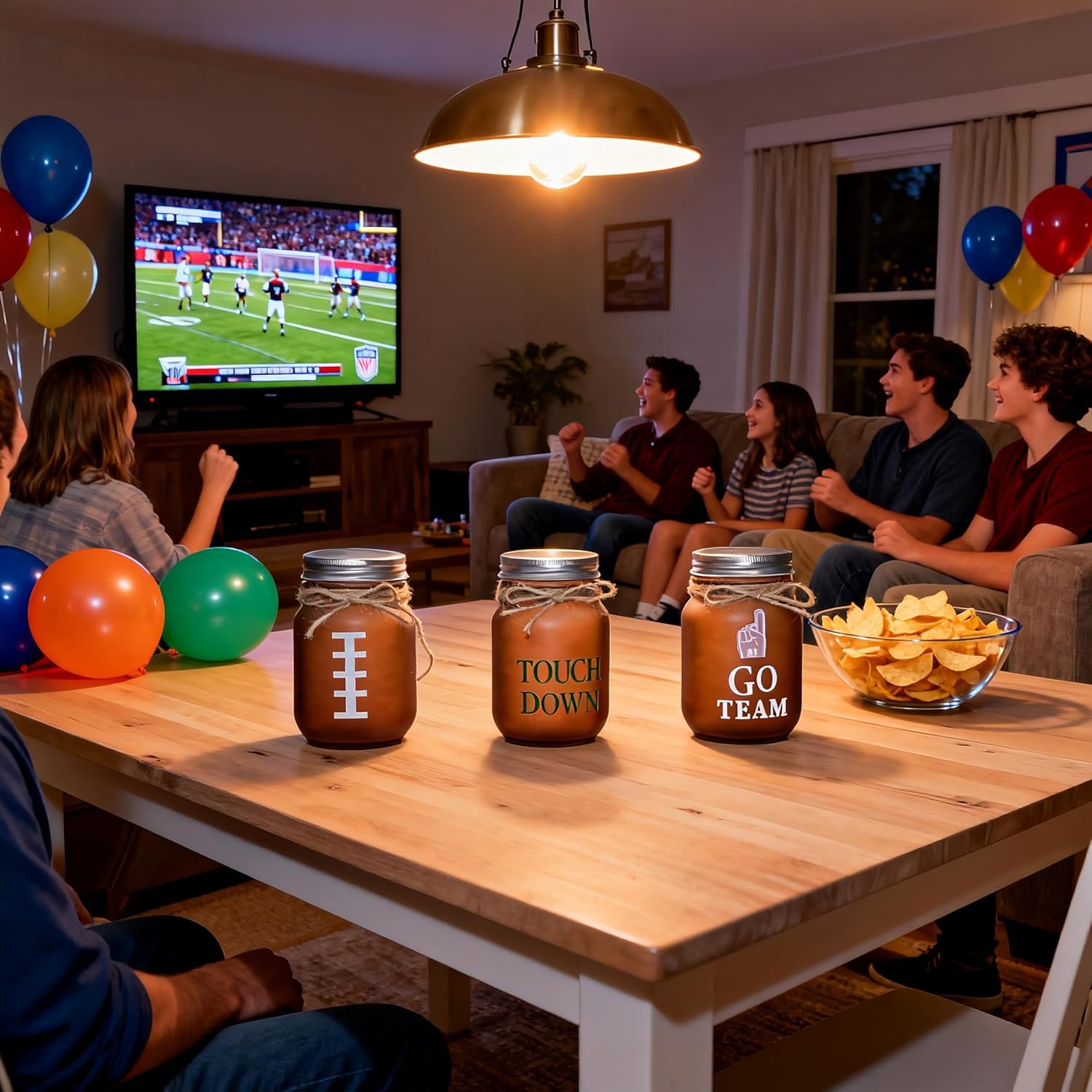3 Pcs Football Decor Mason Jars Set With 3 Extra Lids, Table Centerpieces Home Vase With Storage Straw Piggy Bank Lids, Sports Party Game Rustic Decorations For Touch Down Rugby Day Go Team