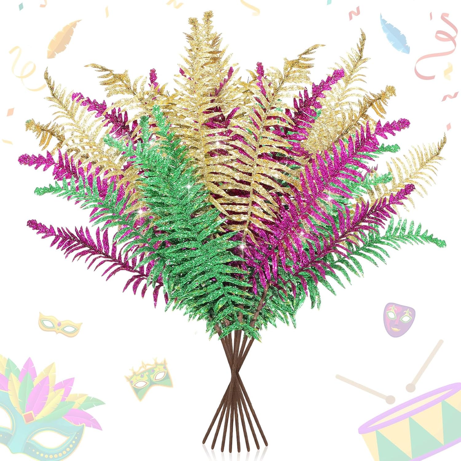 12 Pcs Mardi Gras Decoration Mardi Gras Picks Glitter Leaf Stems 17.7'' Purple Green Gold Ornaments Artificial Branch Stems Table Decor For Wreath Vase Fillers Holiday Carnival Party Decor