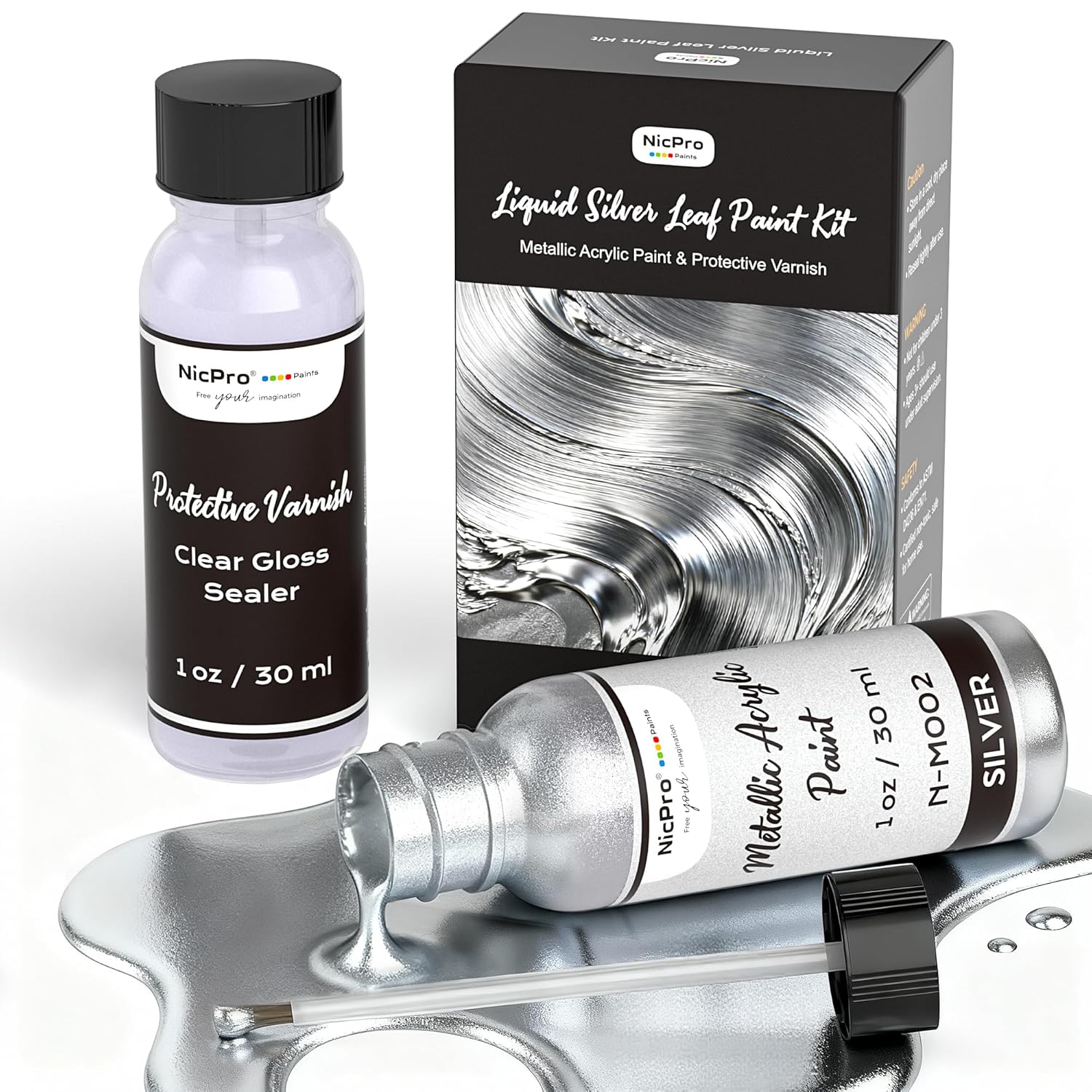 Liquid Silver Leaf Paint Kit (2 × 1Oz/30Ml), Metallic Silver Acrylic Paint & Varnish For High Gloss Finish, Non Toxic Non Fading Shiny Chrome Paint For Crafts, Metal, Wood, Diy Decor Resin Art