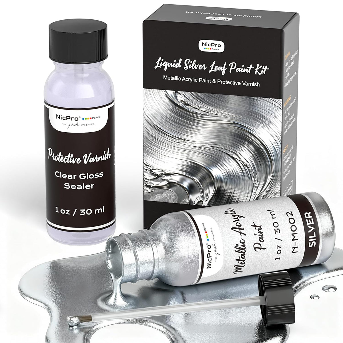 Liquid Silver Leaf Paint Kit (2 × 1Oz/30Ml), Metallic Silver Acrylic Paint & Varnish For High Gloss Finish, Non Toxic Non Fading Shiny Chrome Paint For Crafts, Metal, Wood, Diy Decor Resin Art