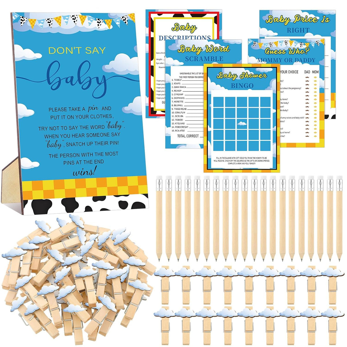 321 Pcs Boy Story Baby Shower Games Decorations It'S A Boy Story Baby Shower Decorations Bingo Game Description And Wishes Guess Who Mom Or Daddy Price Is Right Word Scramble Game Clothespins
