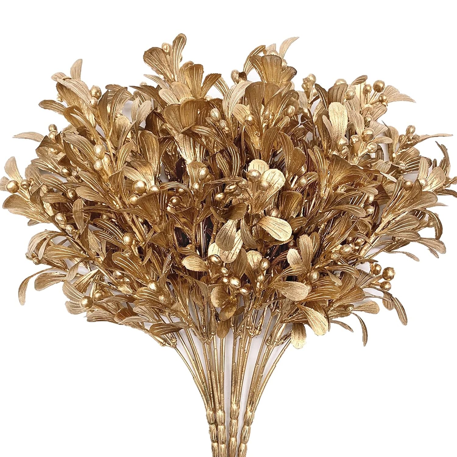Artificial Flowers Christmas Decor, Golden Leaves Branches Plants Fake Berry Grass For Wedding Bridal Bouquet Party Indoor Diy Home Office Table Centerpieces Arrangements Decoration - Gold 4 Pack