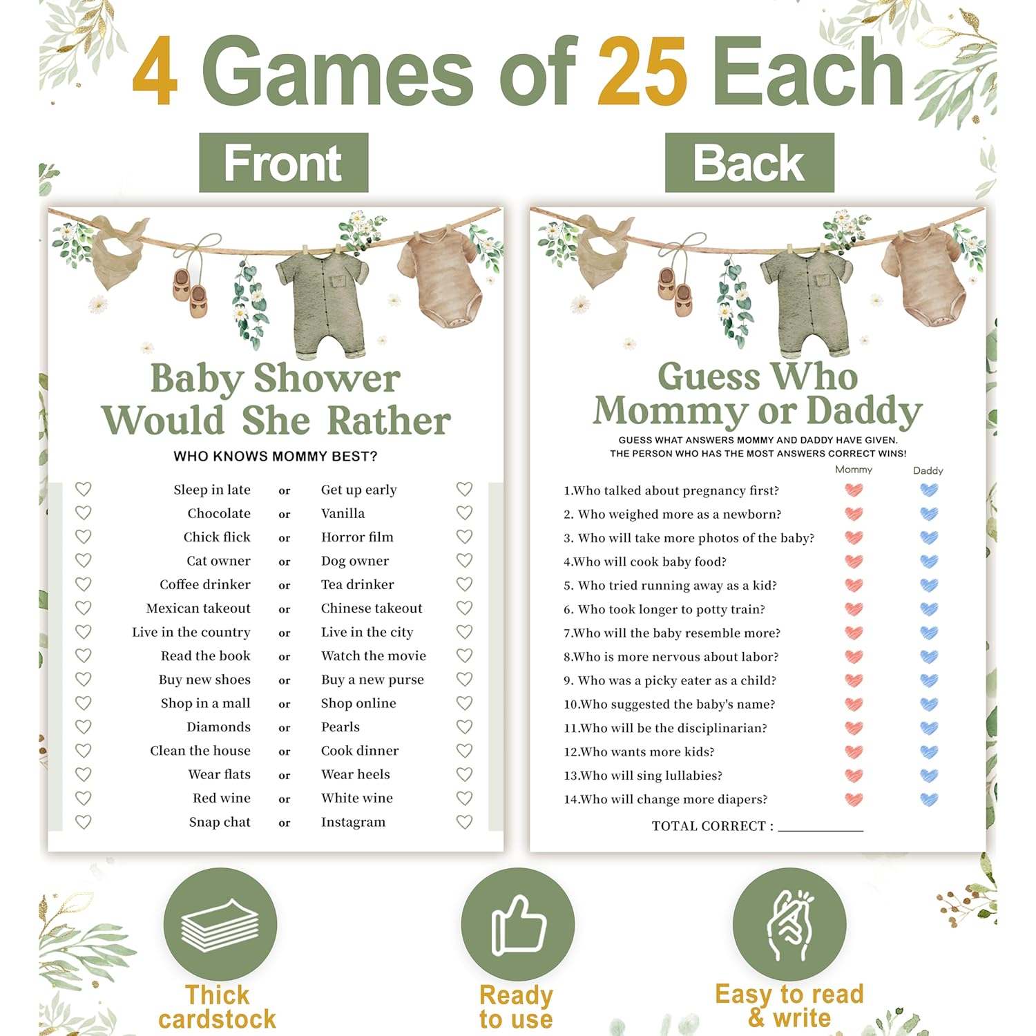 Baby Shower Games For Boys, Bingo Game For 25 Guests, Fun Mommy Or Daddy Prediction Game, Would She Rather Sage Green Baby Shower Decorations Ideas