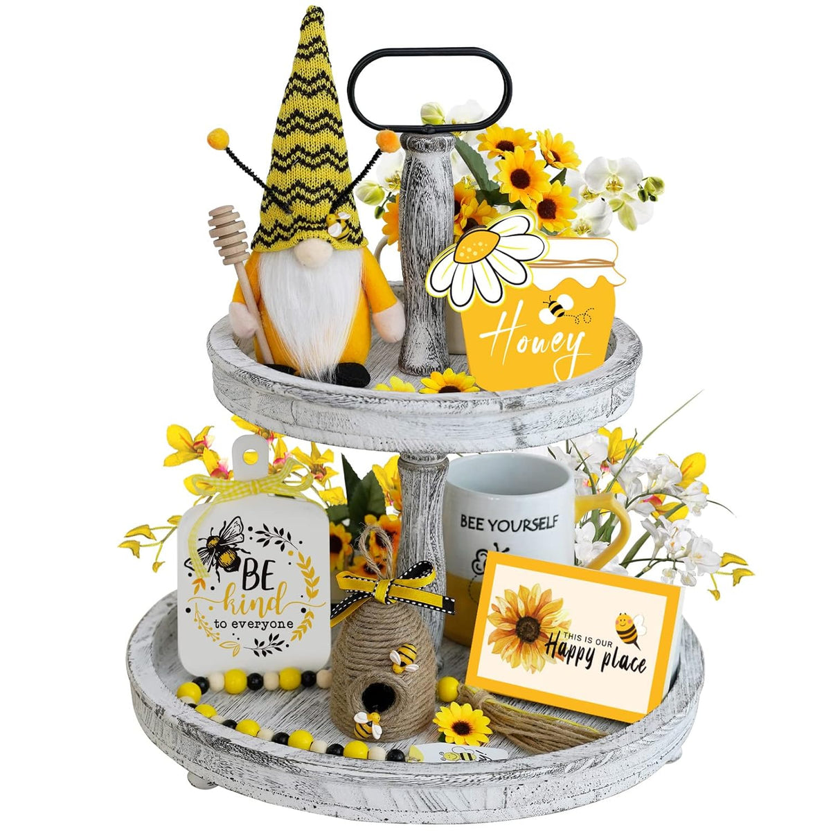 Bumble Bee Tray Decor Set, Gnome Tiered, Farmhouse Decor, Gnome Plush, 3 Signs, Bee Hive, Wood Garland, Rustic Kitchen Decor,Spring Summer Tray Décor, 6Pcs