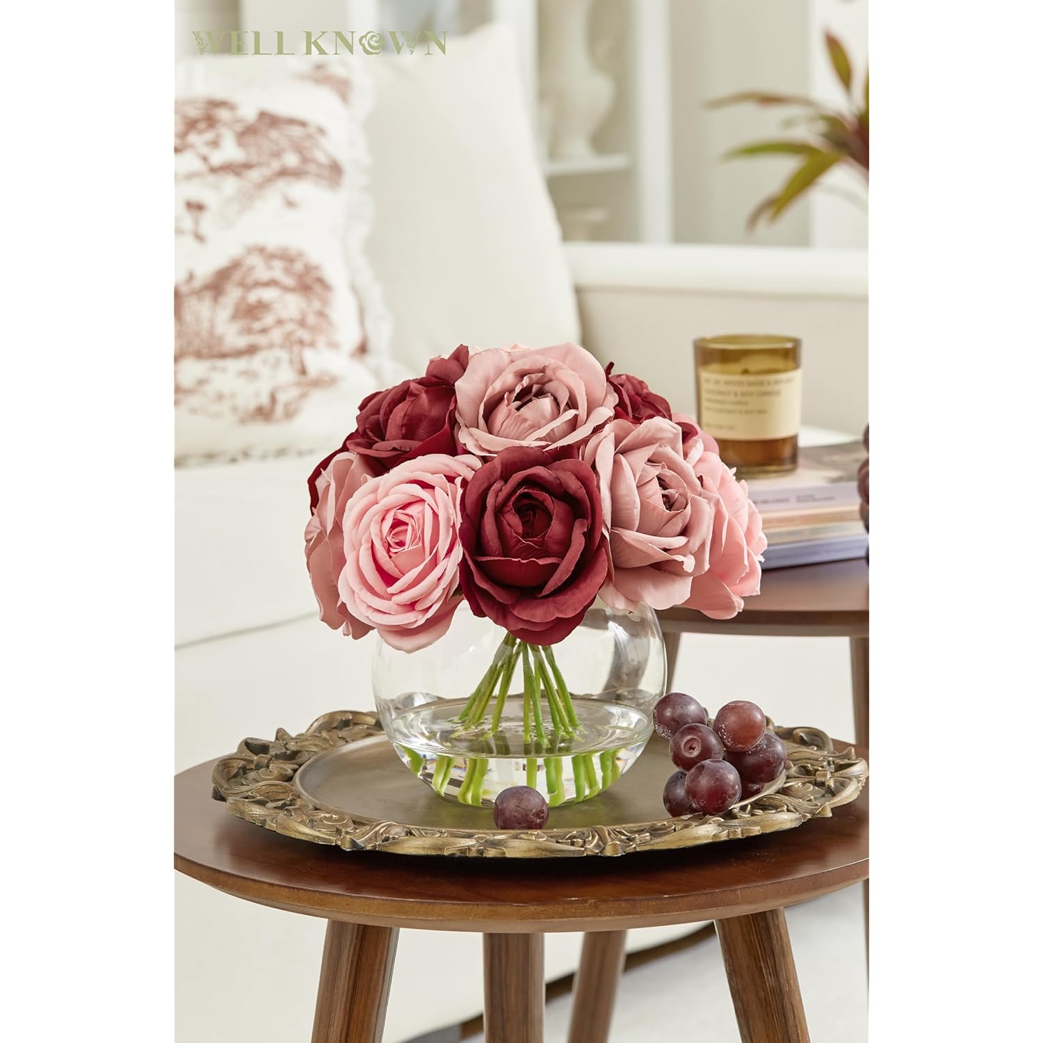 Silk Rose Artificial Flowers With Vase, Artificial Rose Flower Arrangement In Round Glass Vase With Faux Water For Home Dining Table Wedding Birthday Party Decor (Burgundy Red & Dusty Rose)