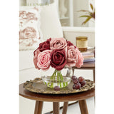 Silk Rose Artificial Flowers With Vase, Artificial Rose Flower Arrangement In Round Glass Vase With Faux Water For Home Dining Table Wedding Birthday Party Decor (Burgundy Red & Dusty Rose)