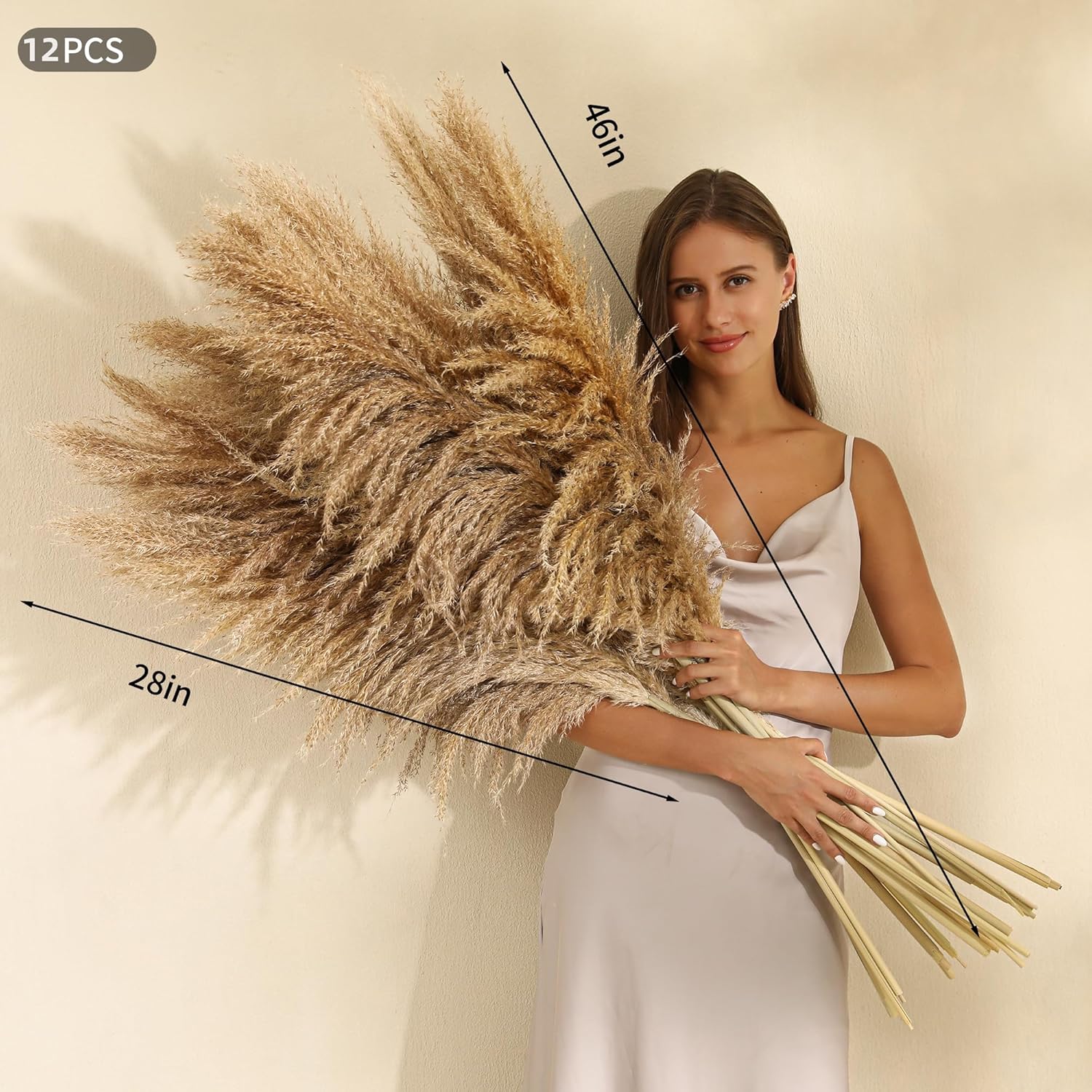 12 Stems 46 Inch Tall Pampas Grass Decor - Large Fluffy Dried Pompas Grass For Floor Vase - Rustic Wedding, Baby Shower, Party, Farmhouse, Boho Home Decor…
