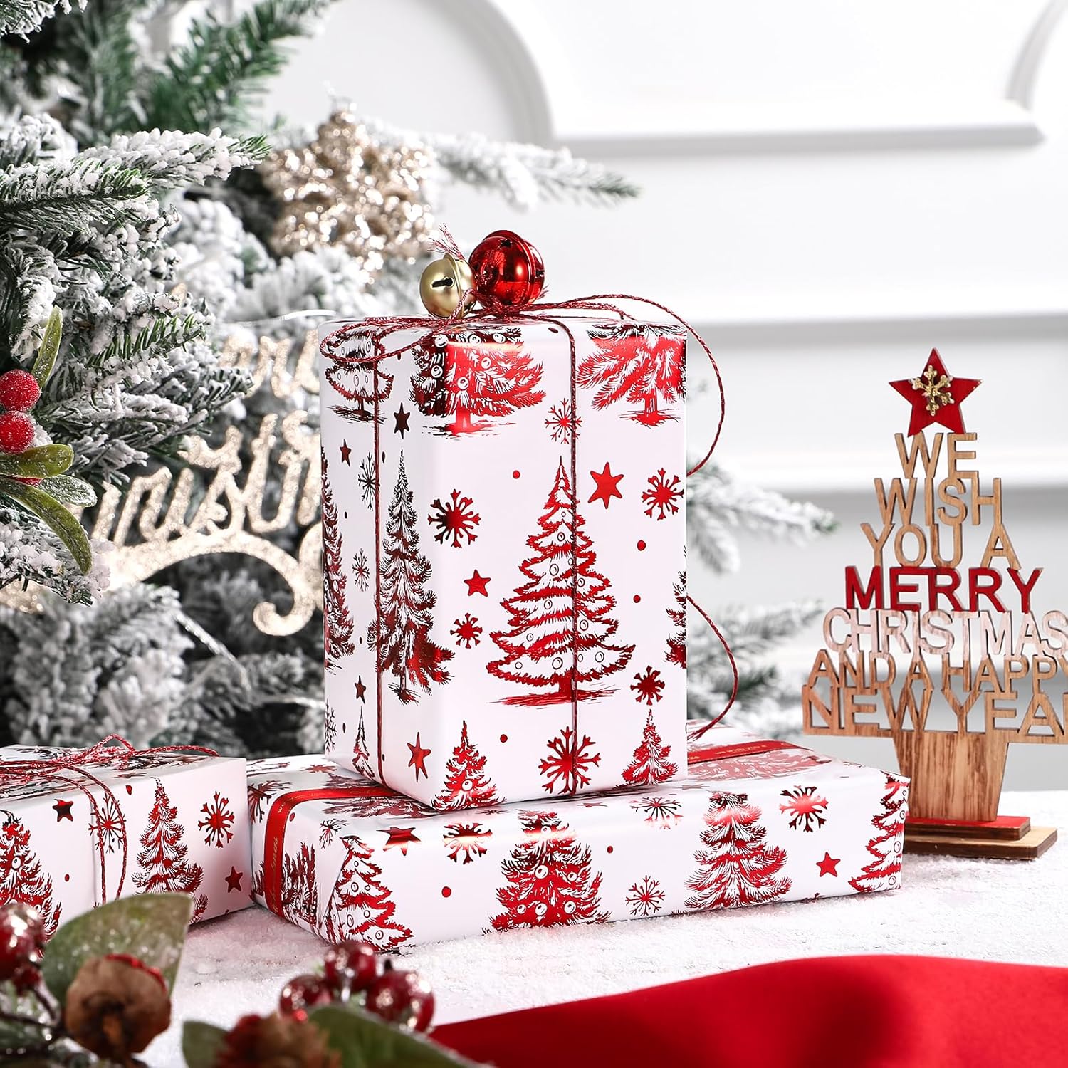 Christmas Wrapping Paper Roll - Mini Roll - Red Foil Christmas Tree Pattern Great For Holiday Gifts, Party And More - 17 Inches X 16.5 Feet