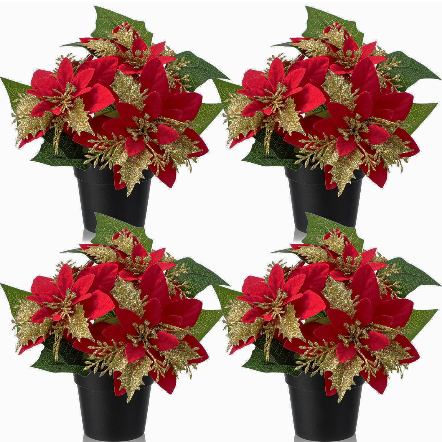 4 Pack Mini Artificial Poinsettias In Pots 9 Inch Faux Red Glitter Poinsettias Plants Tabletop Christmas Centerpieces For Home Office Table Indoor Xmas Holiday Indoor(Plastic,Black)