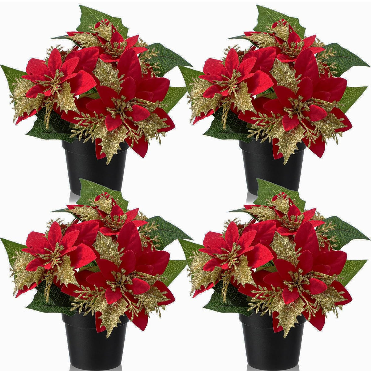 4 Pack Mini Artificial Poinsettias In Pots 9 Inch Faux Red Glitter Poinsettias Plants Tabletop Christmas Centerpieces For Home Office Table Indoor Xmas Holiday Indoor(Plastic,Black)
