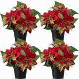 4 Pack Mini Artificial Poinsettias In Pots 9 Inch Faux Red Glitter Poinsettias Plants Tabletop Christmas Centerpieces For Home Office Table Indoor Xmas Holiday Indoor(Plastic,Black)