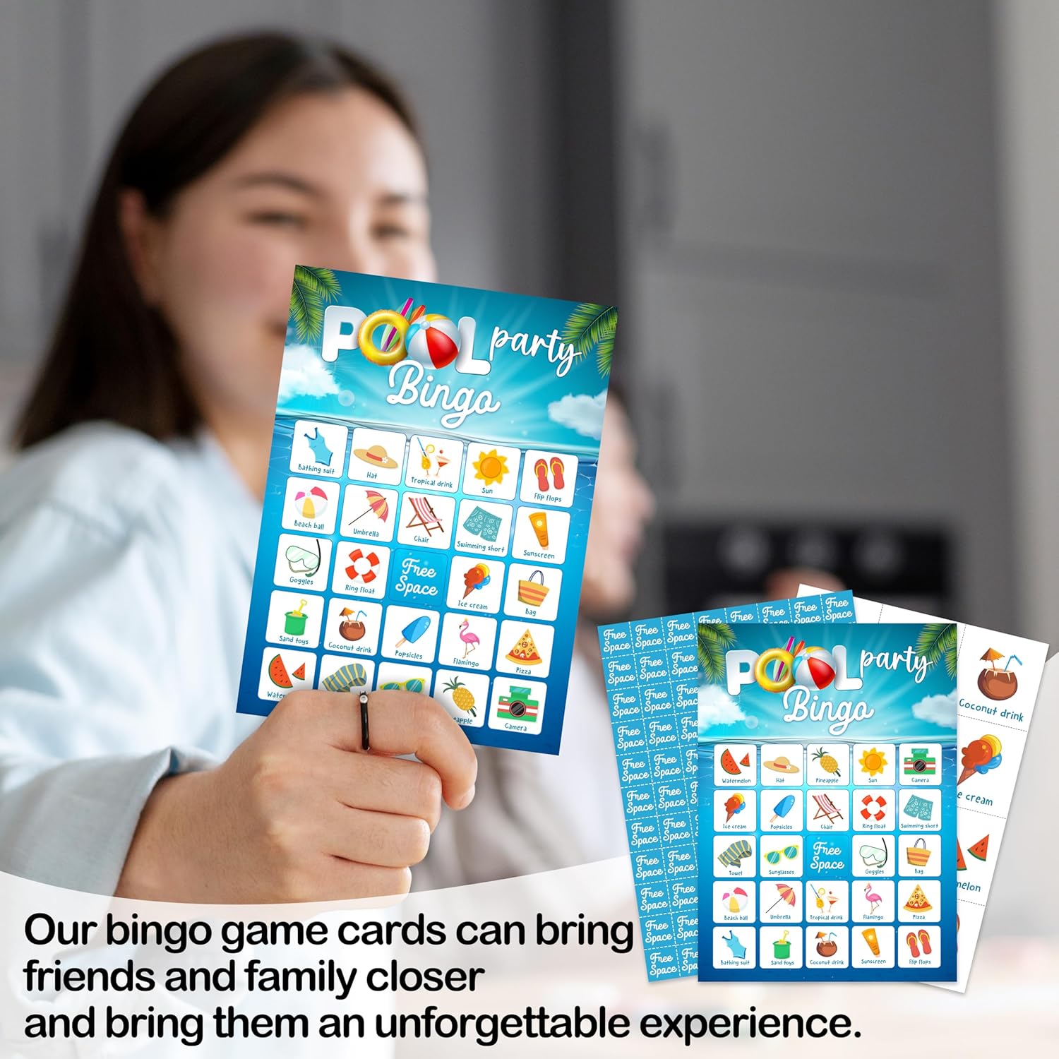 Pool Party Bingo Game For Adults, Tropical Summer Bingo Game Card Set, Hawaiian Themed Supplies Activities, Luau Aloha Favors For Family Friends Large Group -27