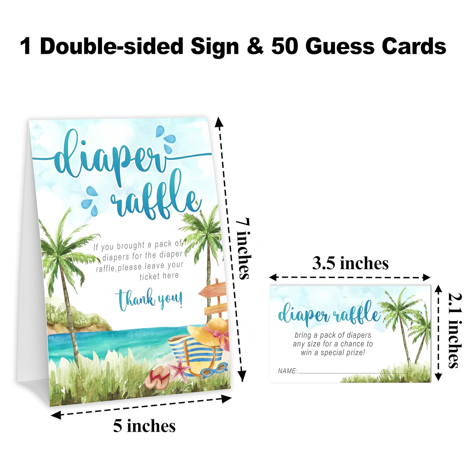 Summer Diaper Raffle Tickets For Baby Shower, Beach Baby Shower Games For Gender Reveal, Party Decorations & Supplies, 1 Sign & 50 Cards Set-A07