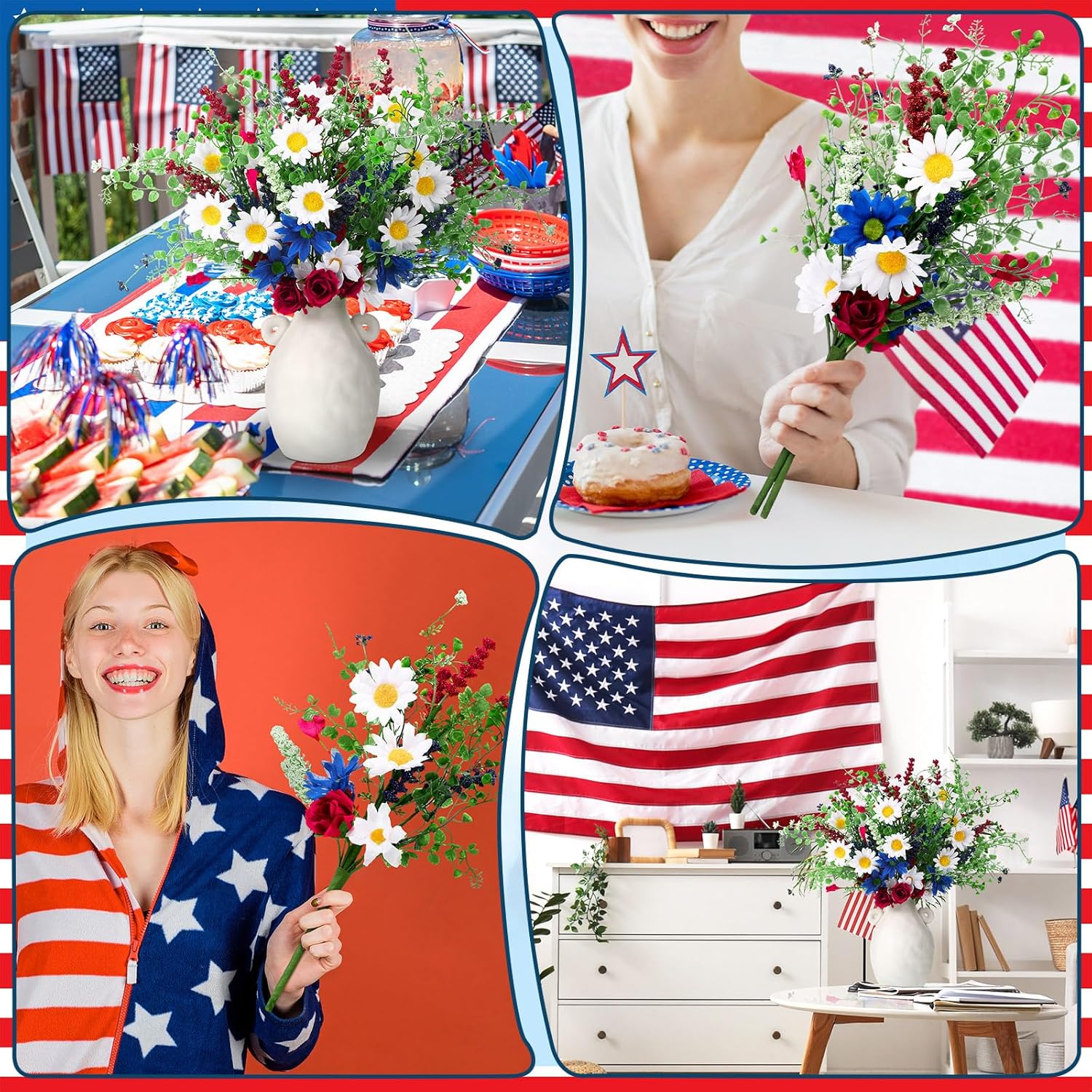 8 Pcs 4Th Of July Artificial Flowers Red White And Blue Patriotic Flowers Picks Daisy Decoration Independence Day Fake Silk Wildflowers Bouquet For Table Home Vase Decor Memorial Day Party