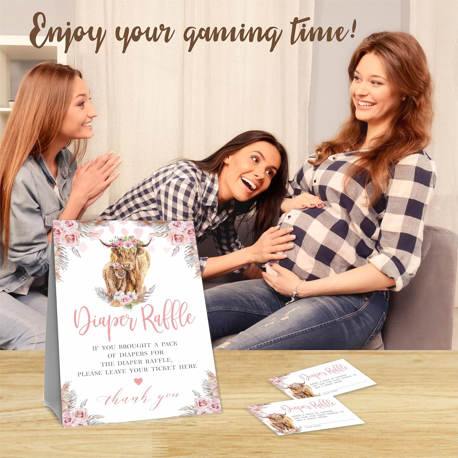 Boho Holy Cow Baby Shower Diaper Raffle Game Set, Watercolor Floral - 1 Standing Sign & 50 Raffle Tickets, Baby Shower Game Kit, Gender Reveal Party Supplies - A14
