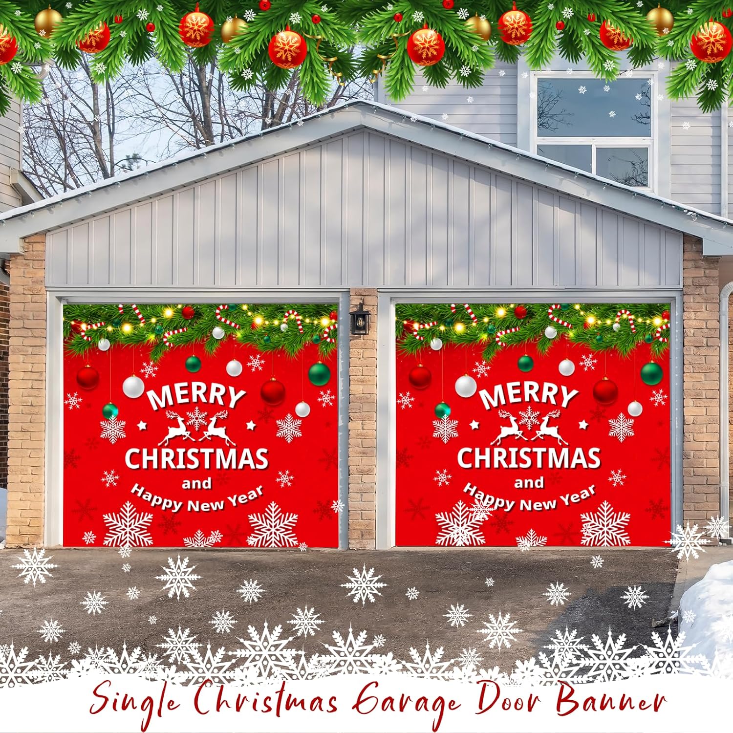 Christmas Garage Door Cover Mural 7X8 Ft - Red Xmas Banner Decorations Outside For Car Garage - Merry Christmas Holiday Banner